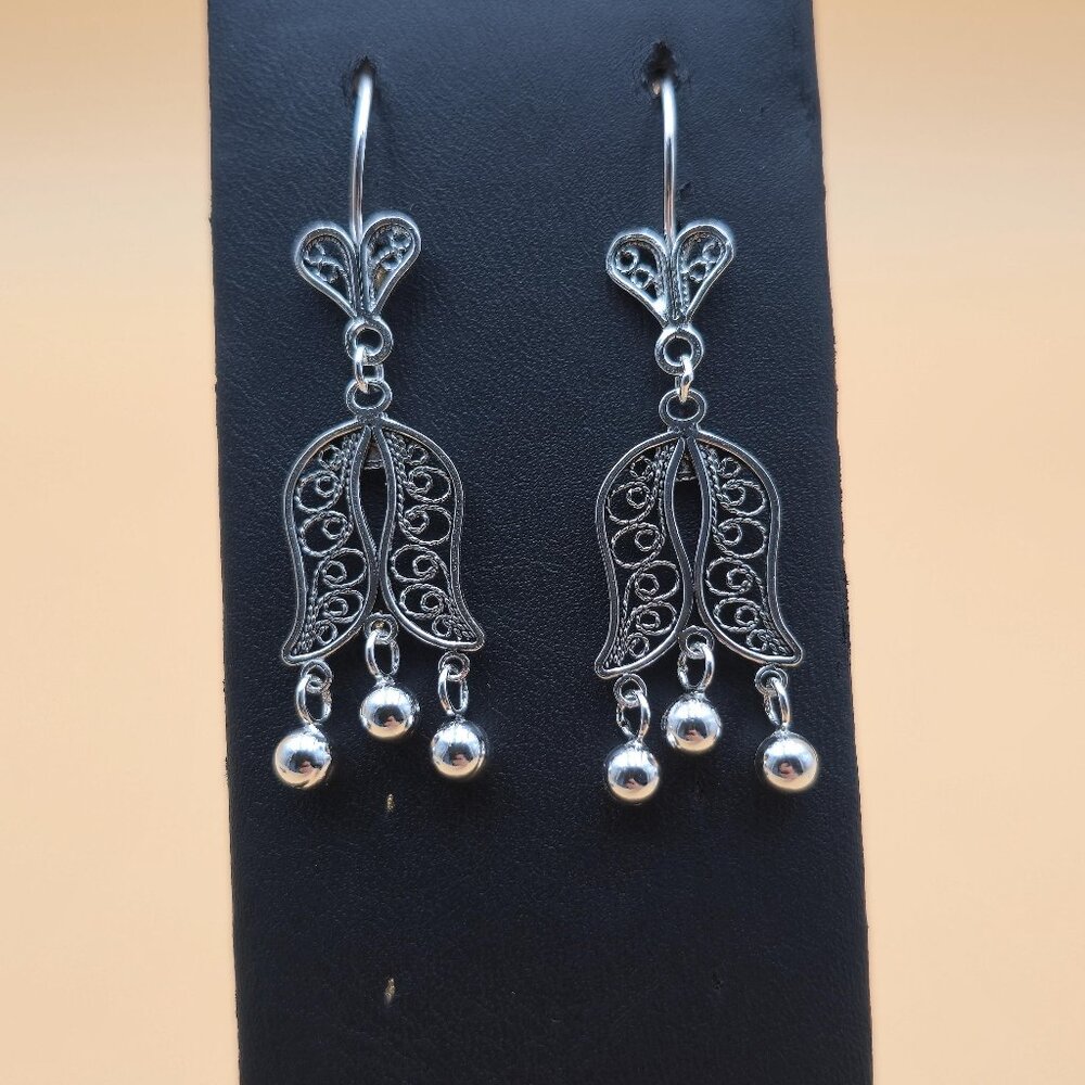 Sterling Silver Large Filigree Flower Dangle Earrings A4589